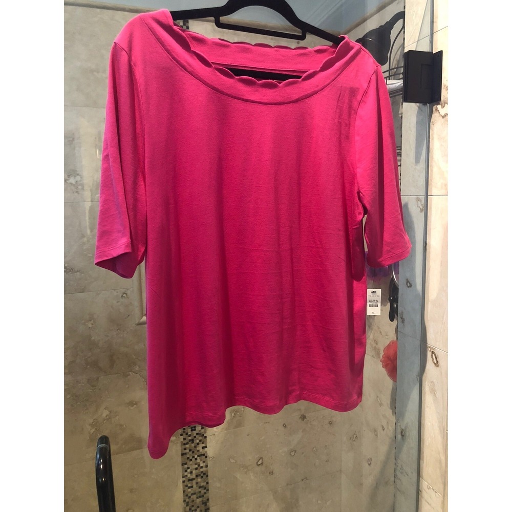 Talbots Scallop Neck Hot Pink Pima Cotton Short Sleeve Top XL Stretch NWT